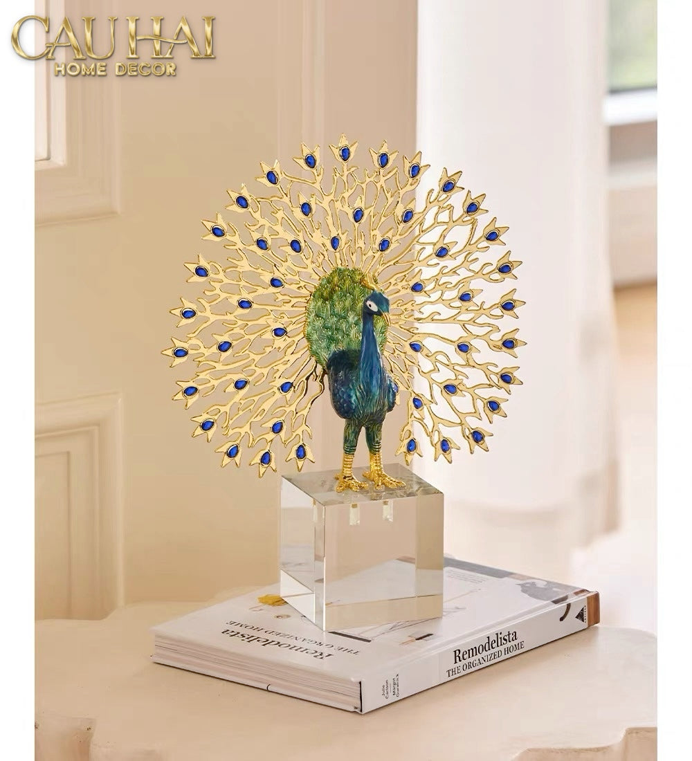 Maison Couture - Tượng Đồng Khổng Tước Đá Sapphire - Le Paon Impérial Bleu Saphir Cristalleries-TƯỢNG TRANG TRÍ-Đối tác tại Trung Quốc theo từng đơn đặt hàng-CẬU HAI HOME DECOR