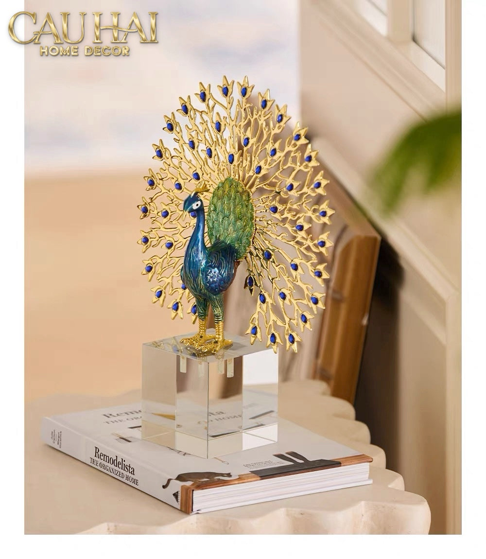 Maison Couture - Tượng Đồng Khổng Tước Đá Sapphire - Le Paon Impérial Bleu Saphir Cristalleries-TƯỢNG TRANG TRÍ-Đối tác tại Trung Quốc theo từng đơn đặt hàng-CẬU HAI HOME DECOR
