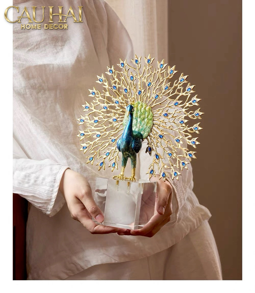 Maison Couture - Tượng Đồng Khổng Tước Đá Sapphire - Le Paon Impérial Bleu Saphir Cristalleries-TƯỢNG TRANG TRÍ-Đối tác tại Trung Quốc theo từng đơn đặt hàng-CẬU HAI HOME DECOR