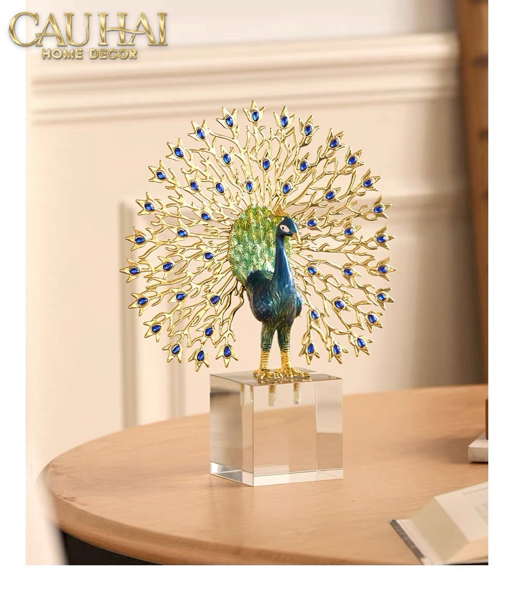 Maison Couture - Tượng Đồng Khổng Tước Đá Sapphire - Le Paon Impérial Bleu Saphir Cristalleries-TƯỢNG TRANG TRÍ-Đối tác tại Trung Quốc theo từng đơn đặt hàng-CẬU HAI HOME DECOR