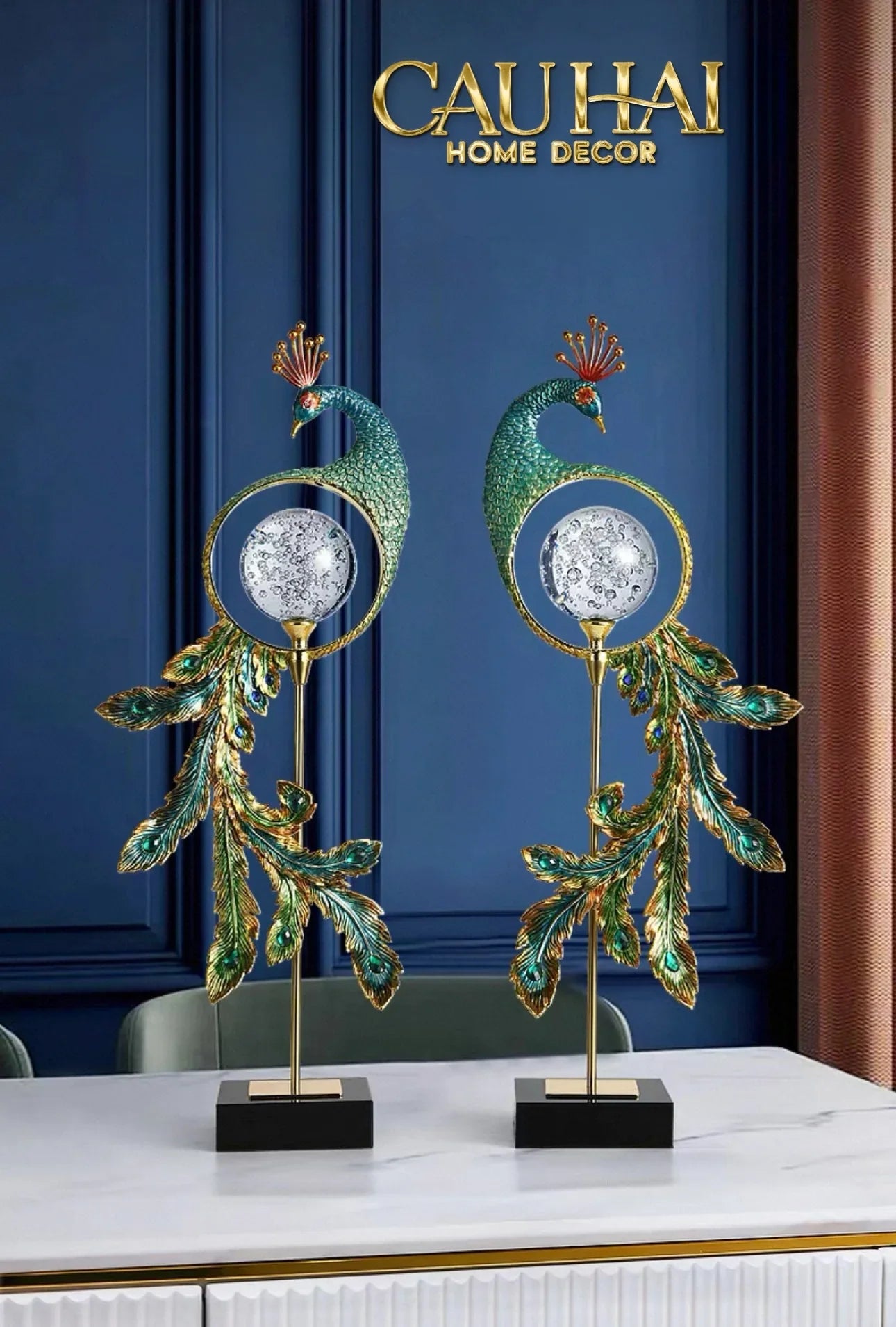 Maison Couture - Tượng Đồng Khổng Tước Hoàng Gia Majestic Aurelia Paon – Brass & Cristalleries Sculpture 20x10x54-TƯỢNG TRANG TRÍ-CẬU HAI HOME DECOR