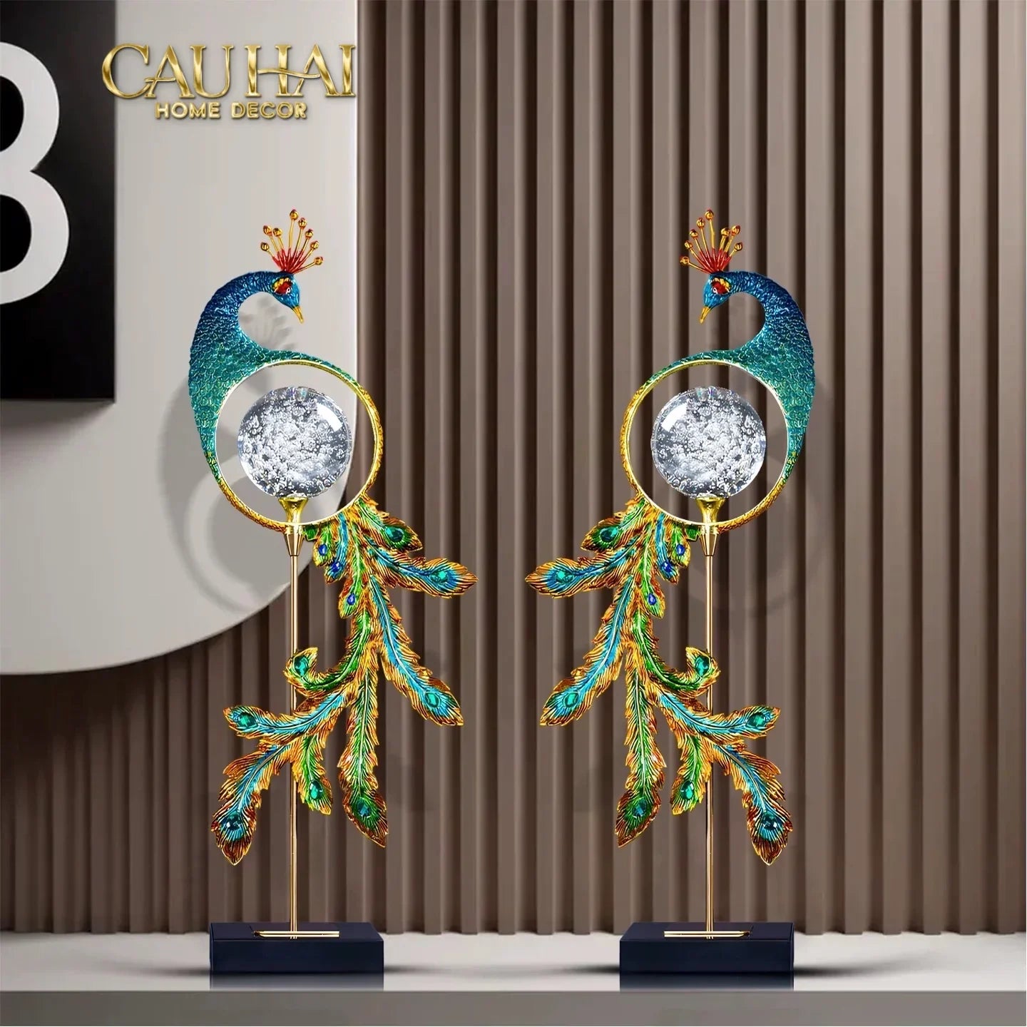 Maison Couture - Tượng Đồng Khổng Tước Hoàng Gia Majestic Aurelia Paon – Brass & Cristalleries Sculpture 20x10x54-TƯỢNG TRANG TRÍ-CẬU HAI HOME DECOR