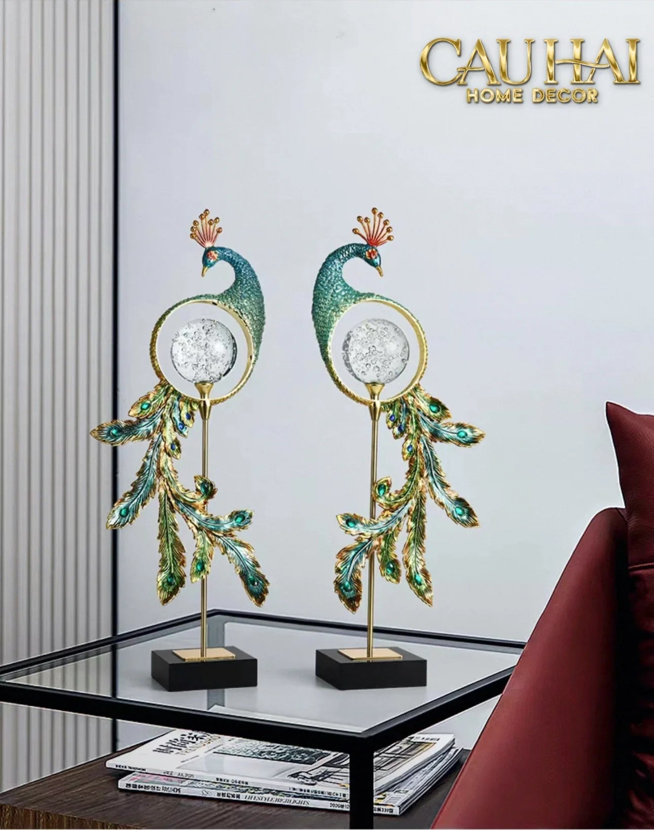 Maison Couture - Tượng Đồng Khổng Tước Hoàng Gia Majestic Aurelia Paon – Brass & Cristalleries Sculpture 20x10x54-TƯỢNG TRANG TRÍ-CẬU HAI HOME DECOR