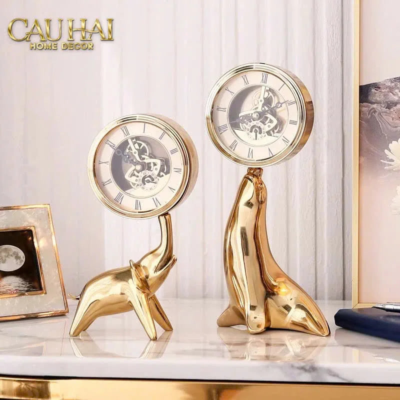 Maison Couture - Tượng Hải Cẩu Nâng Đồng Hồ Golden Guardian Seal TimeKeeper H25.5-TƯỢNG TRANG TRÍ-CẬU HAI HOME DECOR