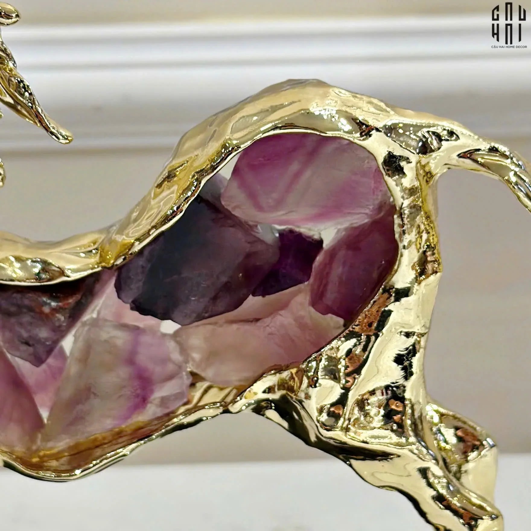 Maison Couture - Tượng Hươu Chạy Bằng Đồng Đá Thạch Anh Tím Amethyst Bolting Elk 42.5x34-TƯỢNG TRANG TRÍ-CẬU HAI HOME DECOR