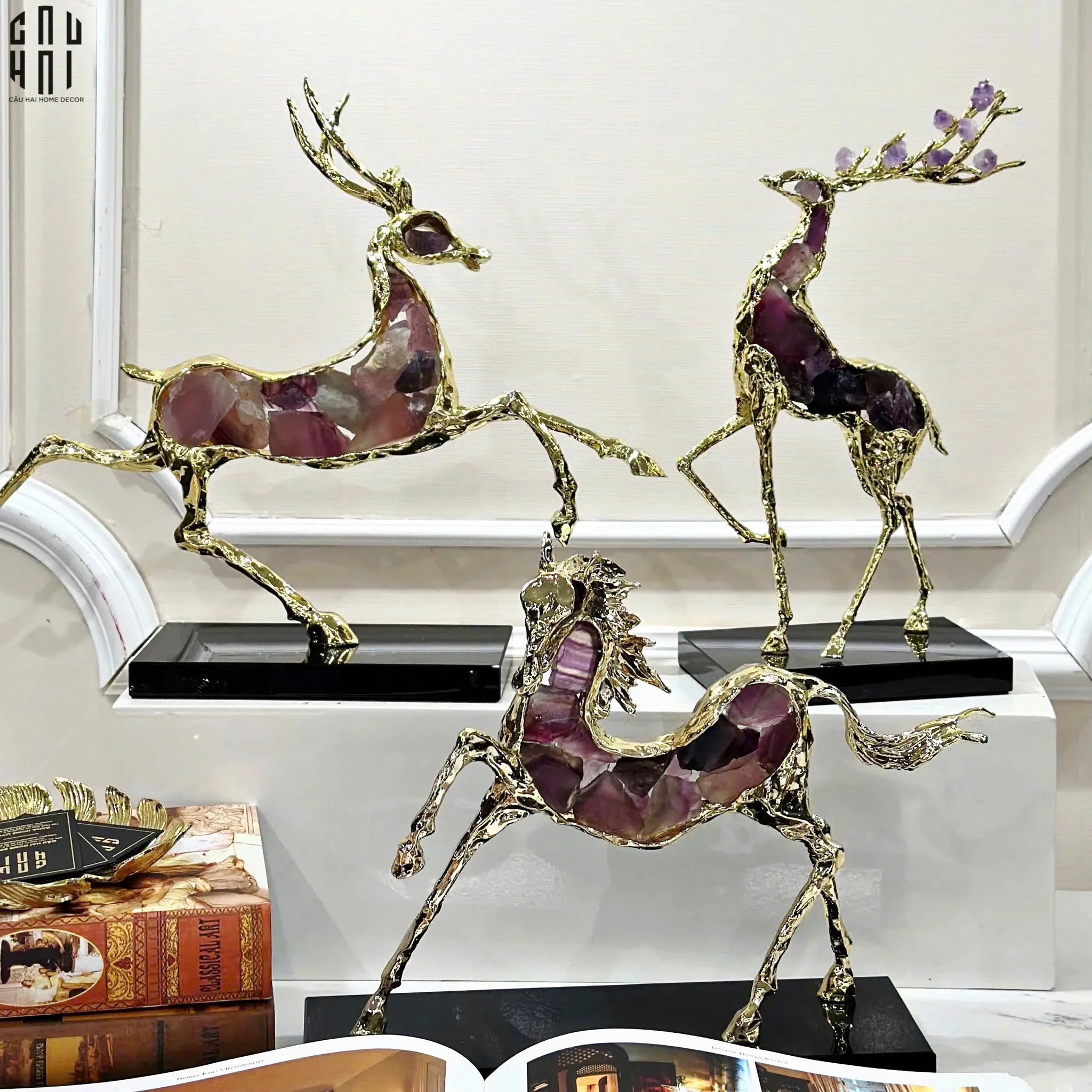 Maison Couture - Tượng Hươu Chạy Bằng Đồng Đá Thạch Anh Tím Amethyst Bolting Elk 42.5x34-TƯỢNG TRANG TRÍ-CẬU HAI HOME DECOR