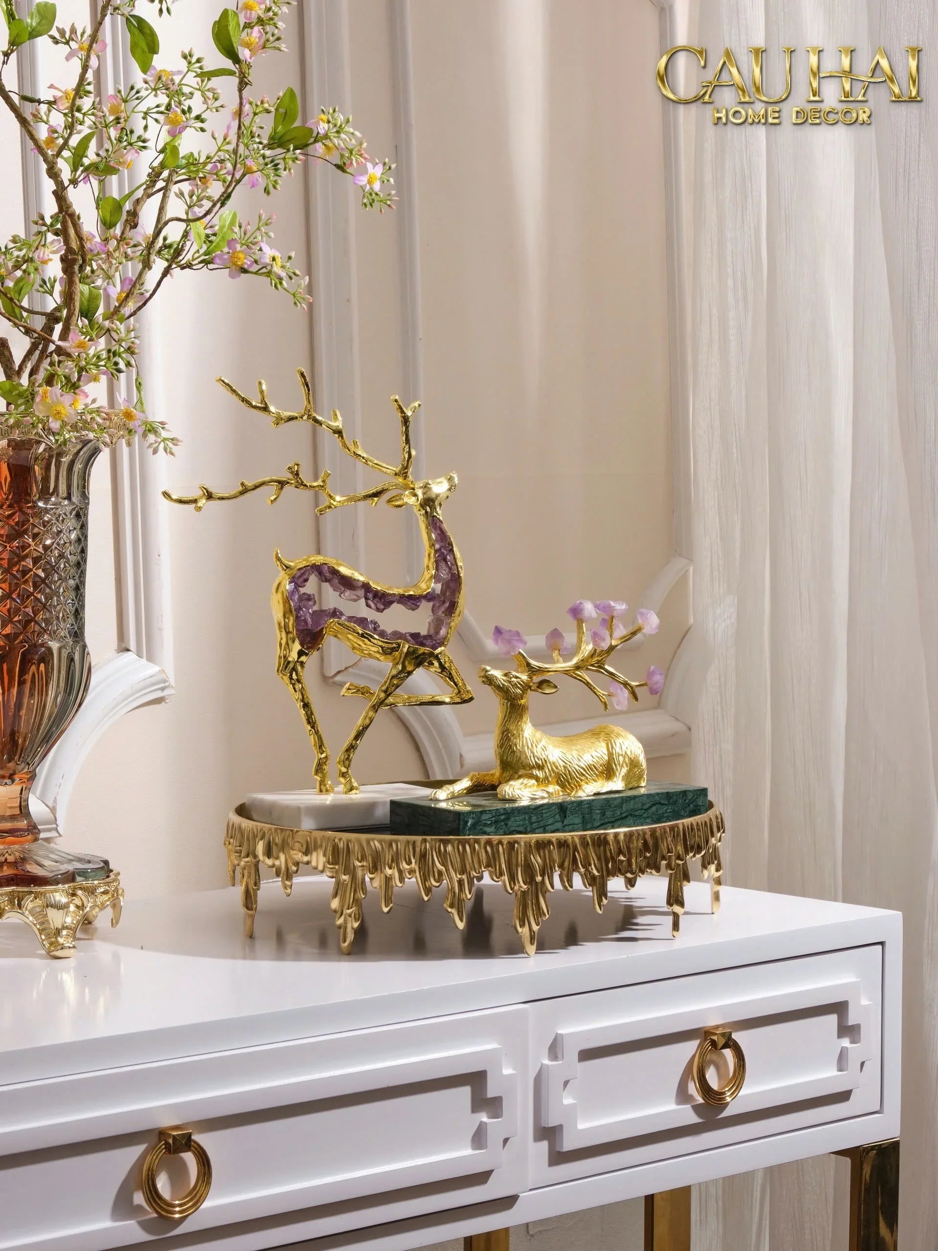 Maison Couture - Tượng Hươu Đồng Brasson Amethyst Jewelry Celestial Elk 21x30'-TƯỢNG TRANG TRÍ-CẬU HAI HOME DECOR