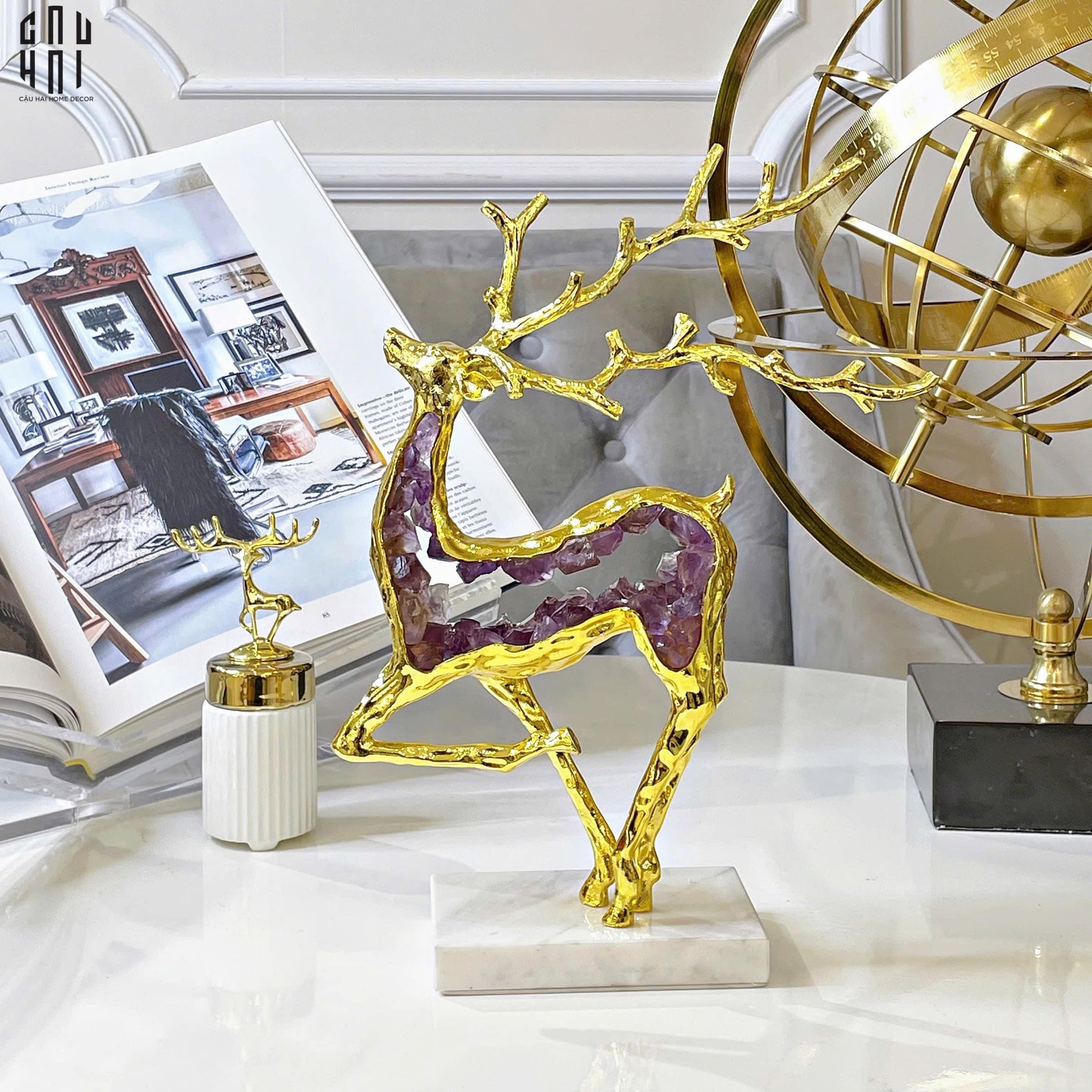 Maison Couture - Tượng Hươu Đồng Brasson Amethyst Jewelry Celestial Elk 21x30'-CẬU HAI HOME DECOR