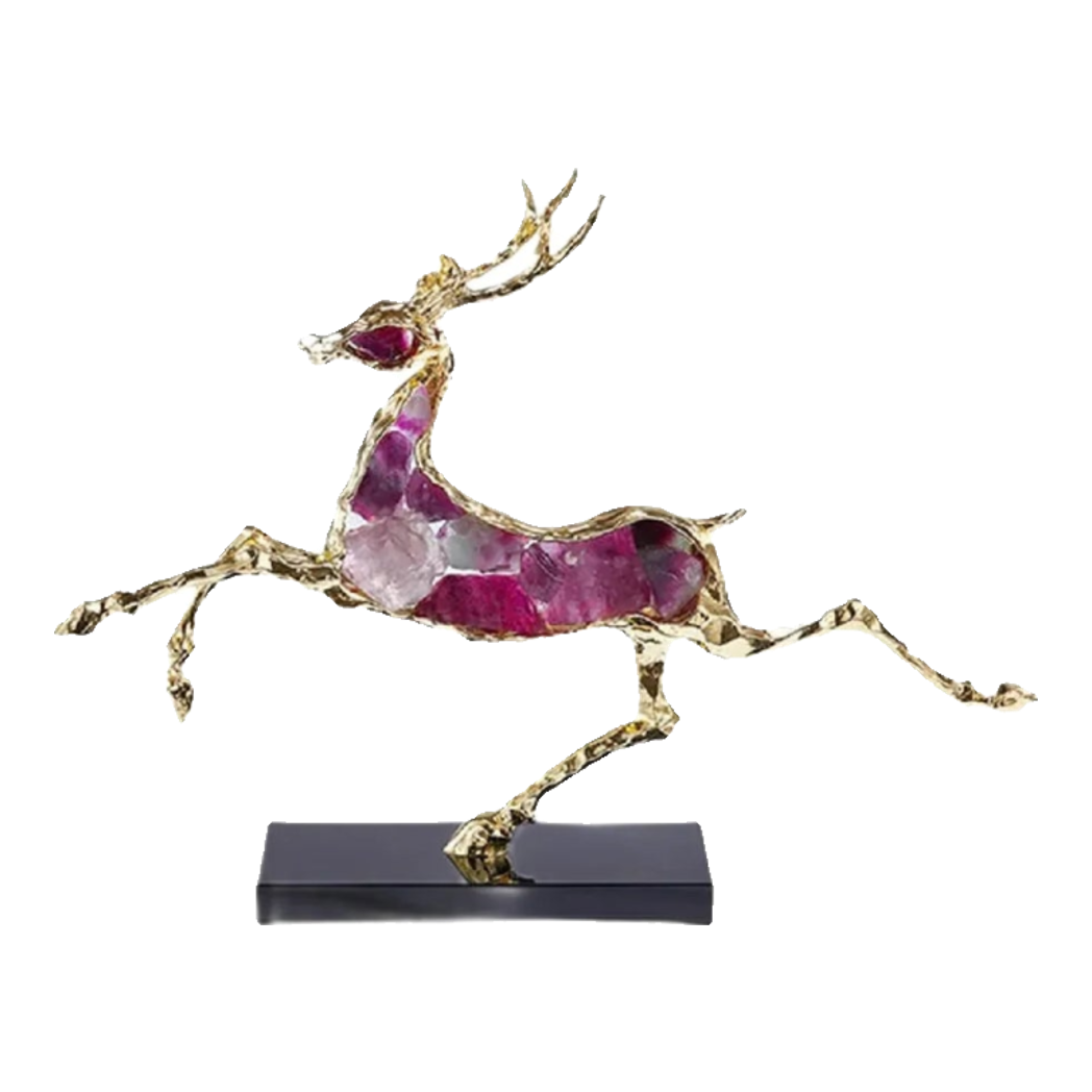 Maison Couture - Tượng Hươu Chạy Bằng Đồng Đá Thạch Anh Tím Amethyst Bolting Elk 42.5x34