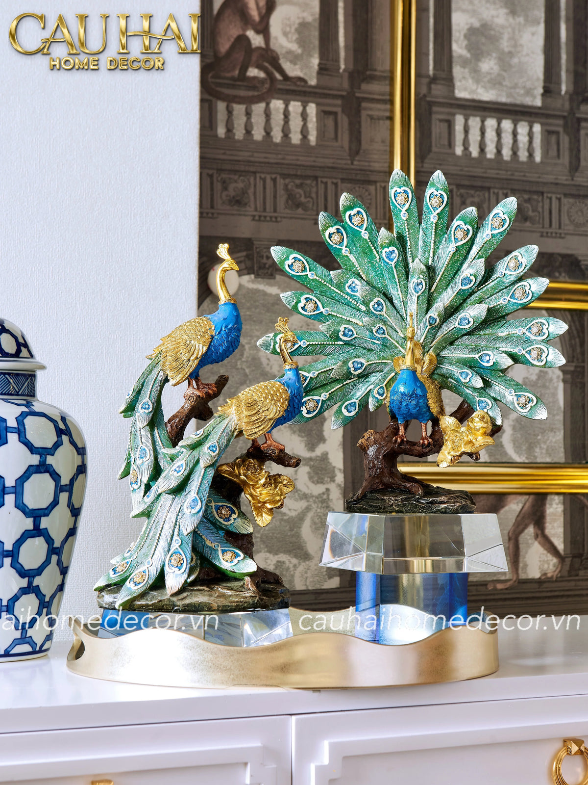 Maison Couture - Tượng Đôi Khổng Tước Duo Royal Paon Plumage - Bleu Nuit-TƯỢNG TRANG TRÍ-CẬU HAI HOME DECOR