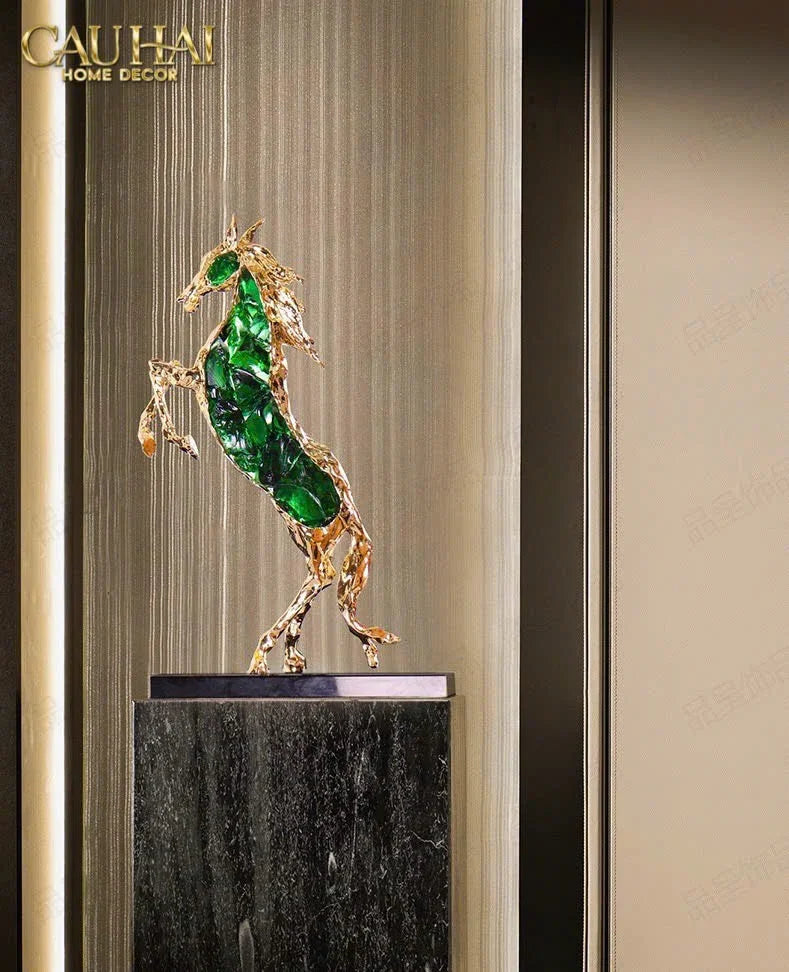 Maison Couture - Tượng Ngựa Bằng Đồng Đá Flotite Green - Brasson Équestre Cheval Émeraude 20x40-CẬU HAI HOME DECOR