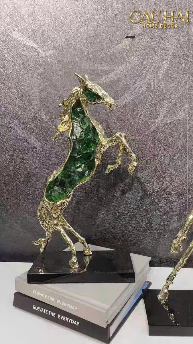 Maison Couture - Tượng Ngựa Bằng Đồng Đá Flotite Green - Brasson Équestre Cheval Émeraude 20x40-CẬU HAI HOME DECOR