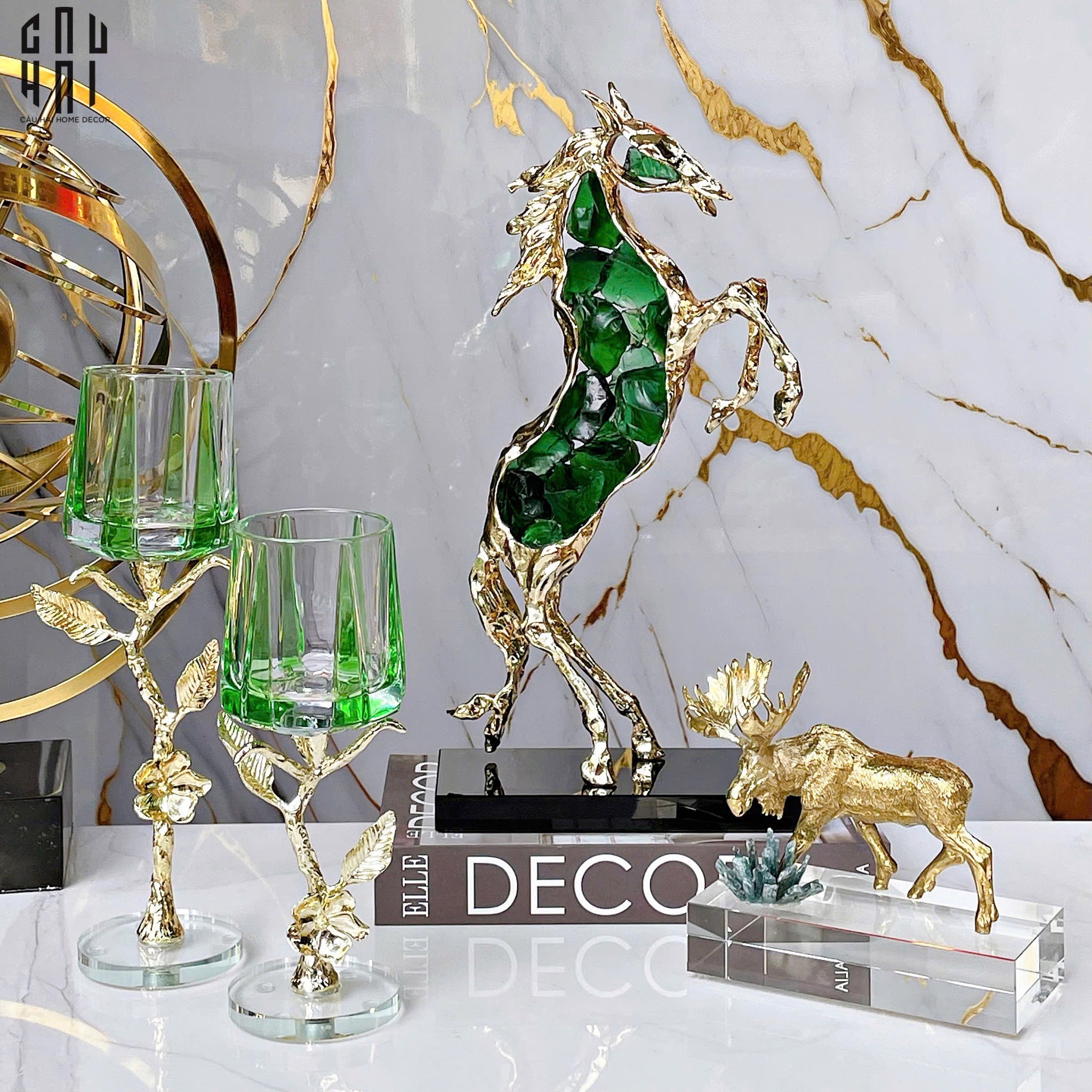 Maison Couture - Tượng Ngựa Bằng Đồng Đá Flotite Green - Brasson Équestre Cheval Émeraude 20x40-CẬU HAI HOME DECOR