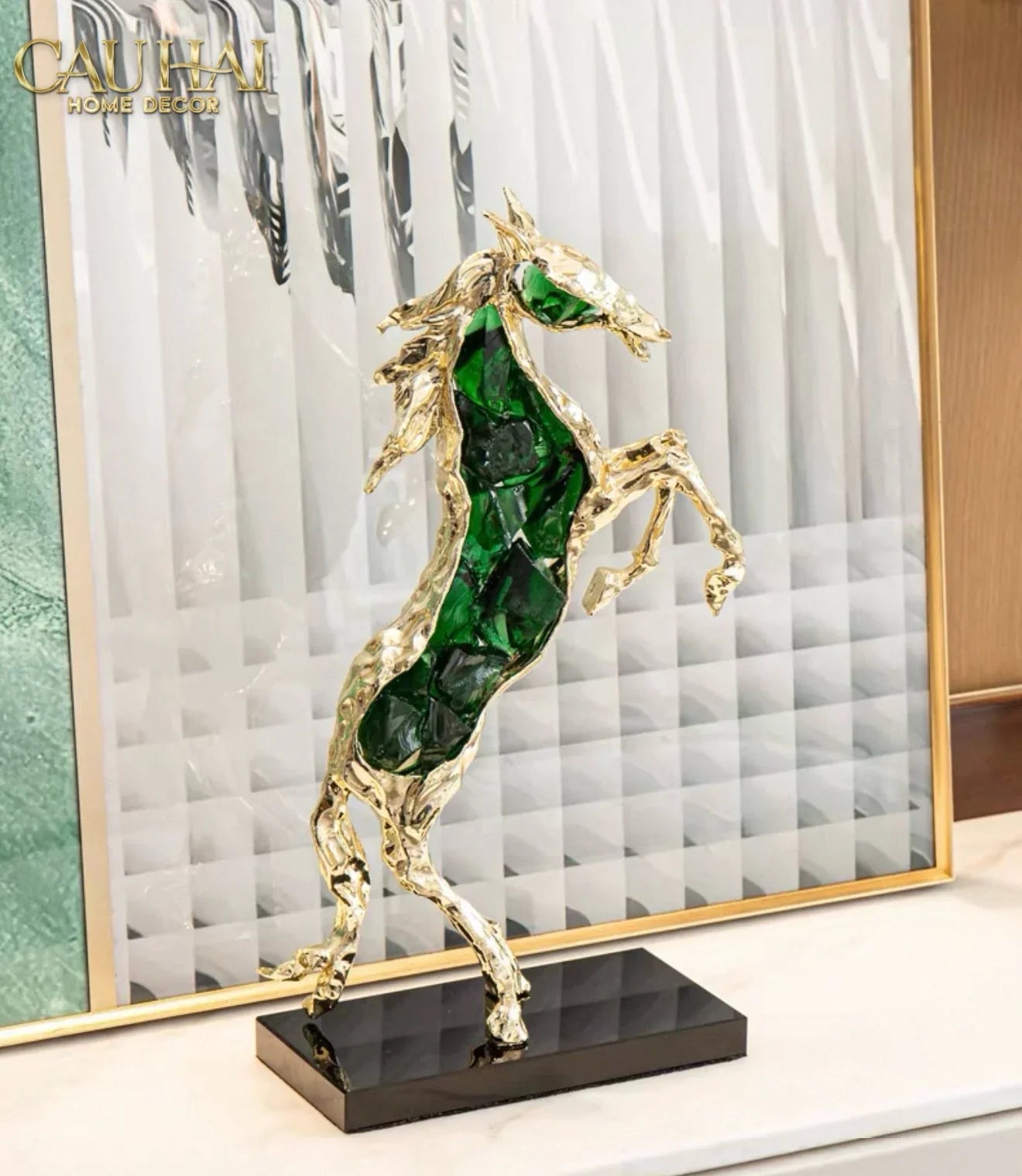 Maison Couture - Tượng Ngựa Bằng Đồng Đá Flotite Green - Brasson Équestre Cheval Émeraude 20x40-CẬU HAI HOME DECOR
