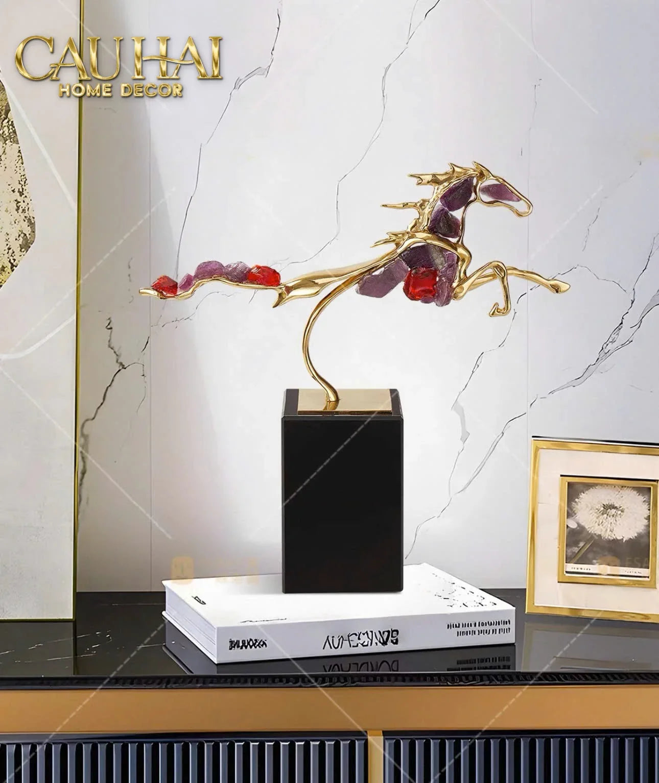 Maison Couture - Tượng Ngựa Đồng Thạch Anh Tím Améthyste Aurélion Ascendant Stallion H35-TƯỢNG TRANG TRÍ-CẬU HAI HOME DECOR
