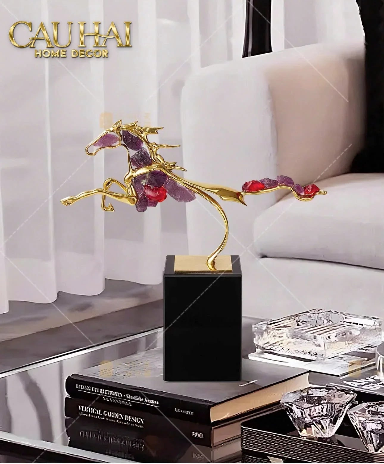 Maison Couture - Tượng Ngựa Đồng Thạch Anh Tím Améthyste Aurélion Ascendant Stallion H35-TƯỢNG TRANG TRÍ-CẬU HAI HOME DECOR