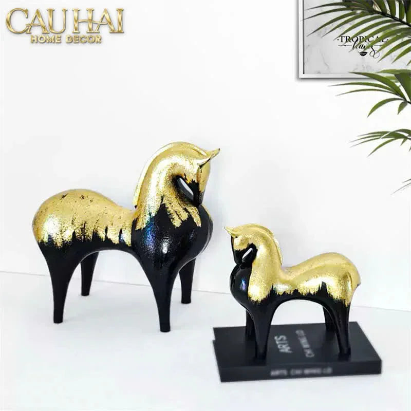 Maison Couture - Tượng Ngựa Gốm Mun Mài Dát Vàng Noir Laqué Feuille d’Or Tang Horse H24/H36-TƯỢNG TRANG TRÍ-CẬU HAI HOME DECOR