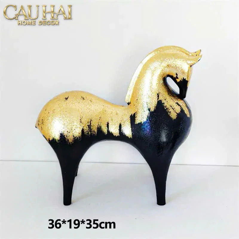 Maison Couture - Tượng Ngựa Gốm Mun Mài Dát Vàng Noir Laqué Feuille d’Or Tang Horse H24/H36-CẬU HAI HOME DECOR