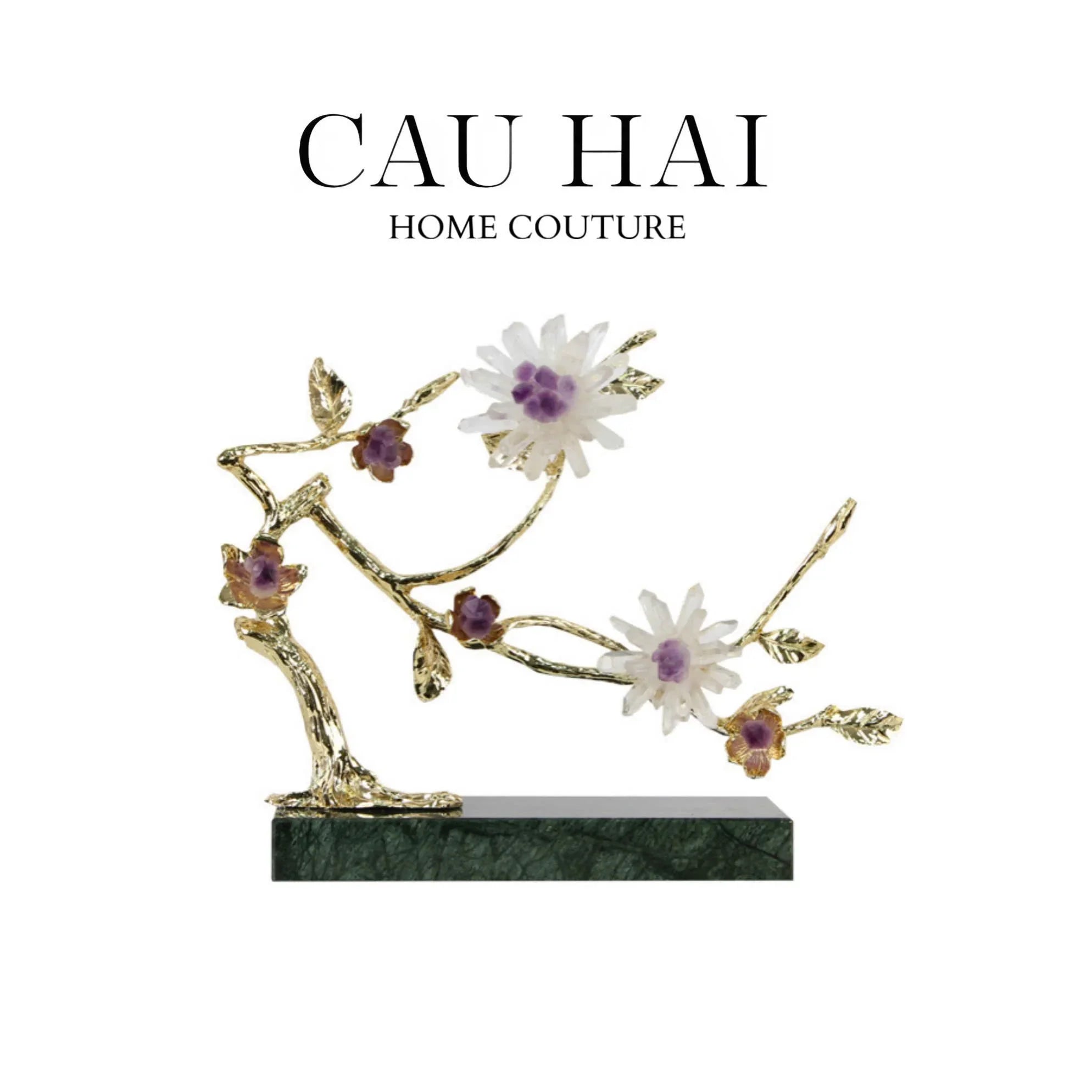 Maison Couture - Tượng Nhánh Cây Bằng Đồng Đá Thạch Anh Trắng White Quartz Harmony Amethyst Blooming 25x40-TƯỢNG TRANG TRÍ-CẬU HAI HOME DECOR