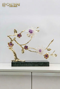 Maison Couture - Tượng Nhánh Cây Bằng Đồng Đá Thạch Anh Trắng White Quartz Harmony Amethyst Blooming 25x40-CẬU HAI HOME DECOR
