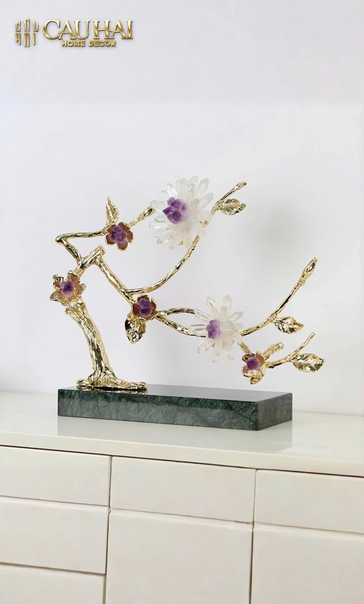 Maison Couture - Tượng Nhánh Cây Bằng Đồng Đá Thạch Anh Trắng White Quartz Harmony Amethyst Blooming 25x40-CẬU HAI HOME DECOR