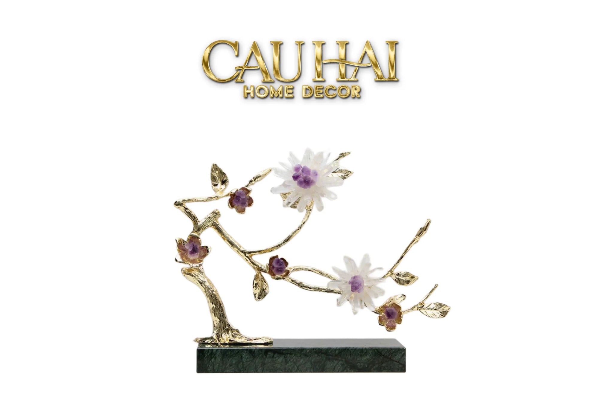 Maison Couture - Tượng Nhánh Cây Bằng Đồng Đá Thạch Anh Trắng White Quartz Harmony Amethyst Blooming 25x40-CẬU HAI HOME DECOR