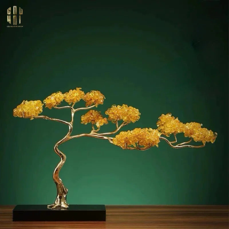 Maison Couture - Tượng Nhánh Cây Bonsai Thân Đồng Đá Pha Lê Vàng Lux Zen "Tree Of Light" 15x55x35-TƯỢNG TRANG TRÍ-CẬU HAI HOME DECOR