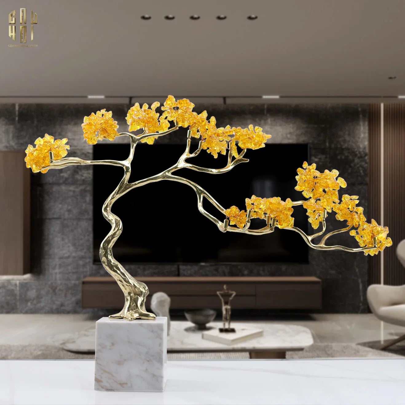 Maison Couture - Tượng Nhánh Cây Bonsai Thân Đồng Đá Pha Lê Vàng Lux Zen "Tree Of Light" 15x55x35-TƯỢNG TRANG TRÍ-CẬU HAI HOME DECOR