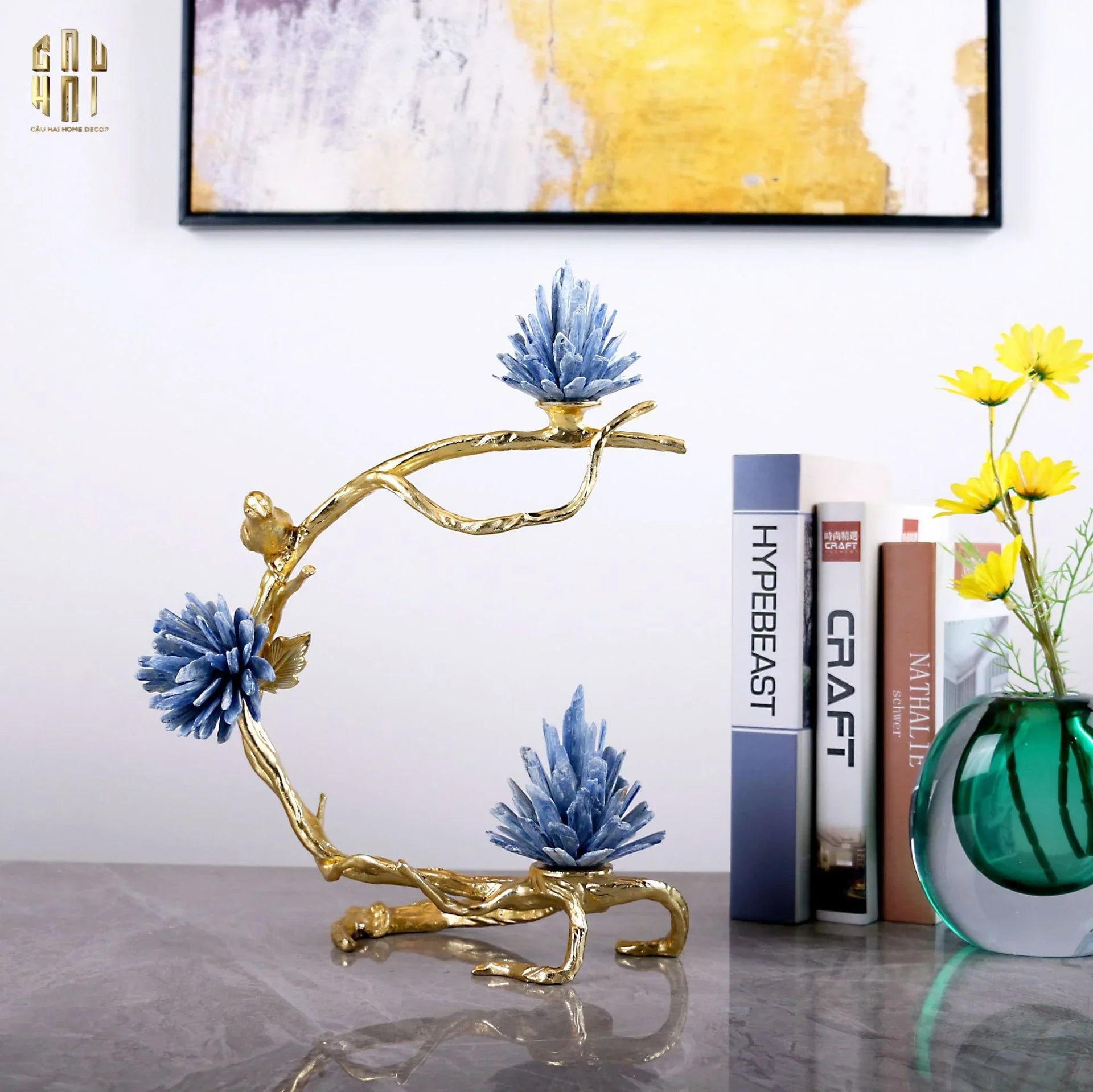 Maison Couture - Tượng Nhánh Cây Cánh Cung Bằng Đồng Đá Thạch Anh Blue Quartz 15x28x36-CẬU HAI HOME DECOR