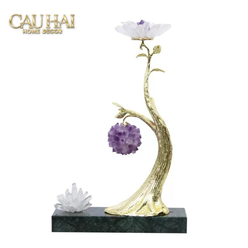 Maison Couture - Tượng Nhánh Cây Đồng & Đá Thạch Anh Amethyst Orb Brasson Hanging Tree 25x39-CẬU HAI HOME DECOR