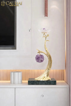 Maison Couture - Tượng Nhánh Cây Đồng & Đá Thạch Anh Tím Amethyst Orb Brasson Hanging Tree 25x39-CẬU HAI HOME DECOR