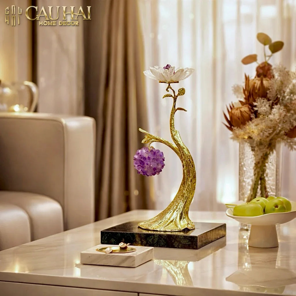 Maison Couture - Tượng Nhánh Cây Đồng & Đá Thạch Anh Tím Amethyst Orb Brasson Hanging Tree 25x39-CẬU HAI HOME DECOR