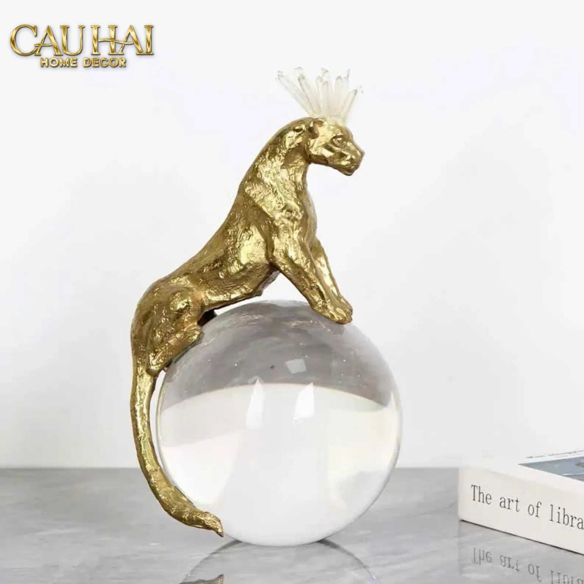 Maison Couture - Tượng Quả Cầu Pha Lê - Báo Đồng Đá Thạch Anh Trắng Regal Quartz Panther Globe 15x30-TƯỢNG TRANG TRÍ-CẬU HAI HOME DECOR