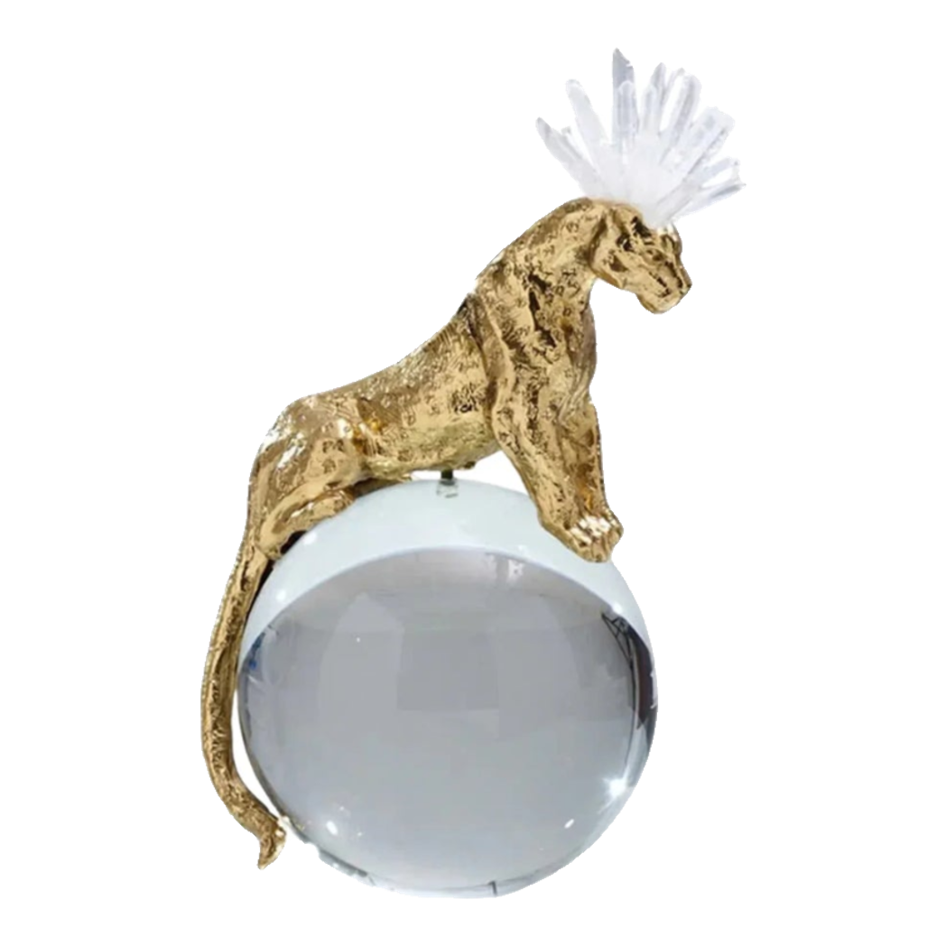 Maison Couture - Tượng Quả Cầu Pha Lê - Báo Đồng Đá Thạch Anh Trắng Regal Quartz Panther Globe 15x30