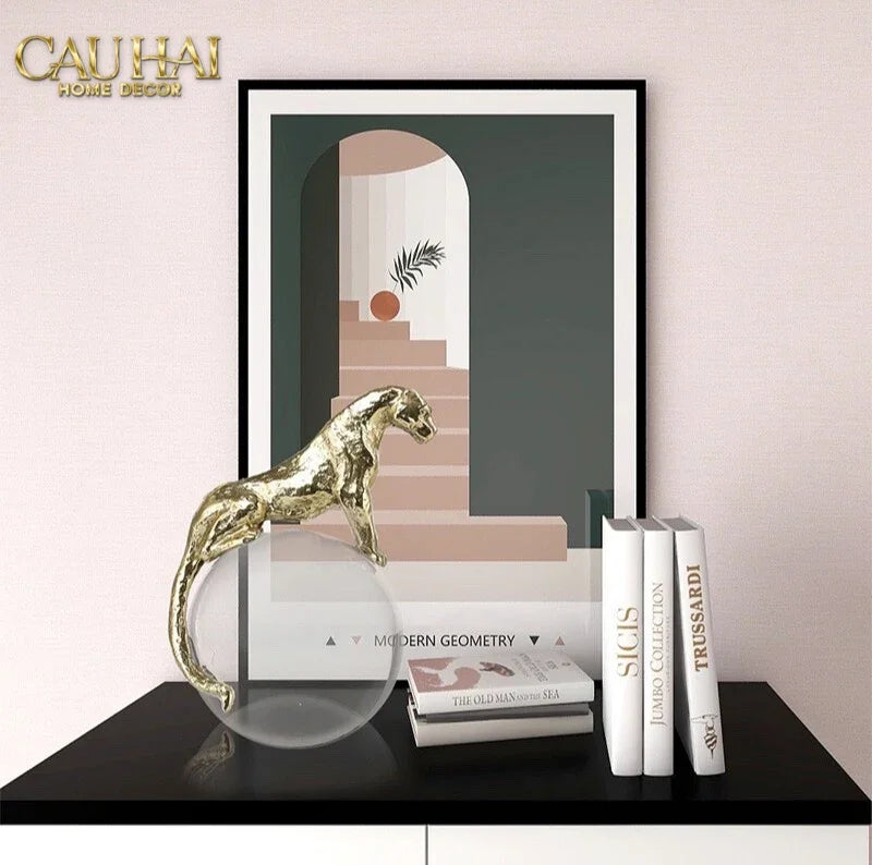 Maison Couture - Tượng Quả Cầu Pha Lê - Tượng Báo Bằng Đồng - Regal Brasson Panther Globe 15x30-TƯỢNG TRANG TRÍ-CẬU HAI HOME DECOR