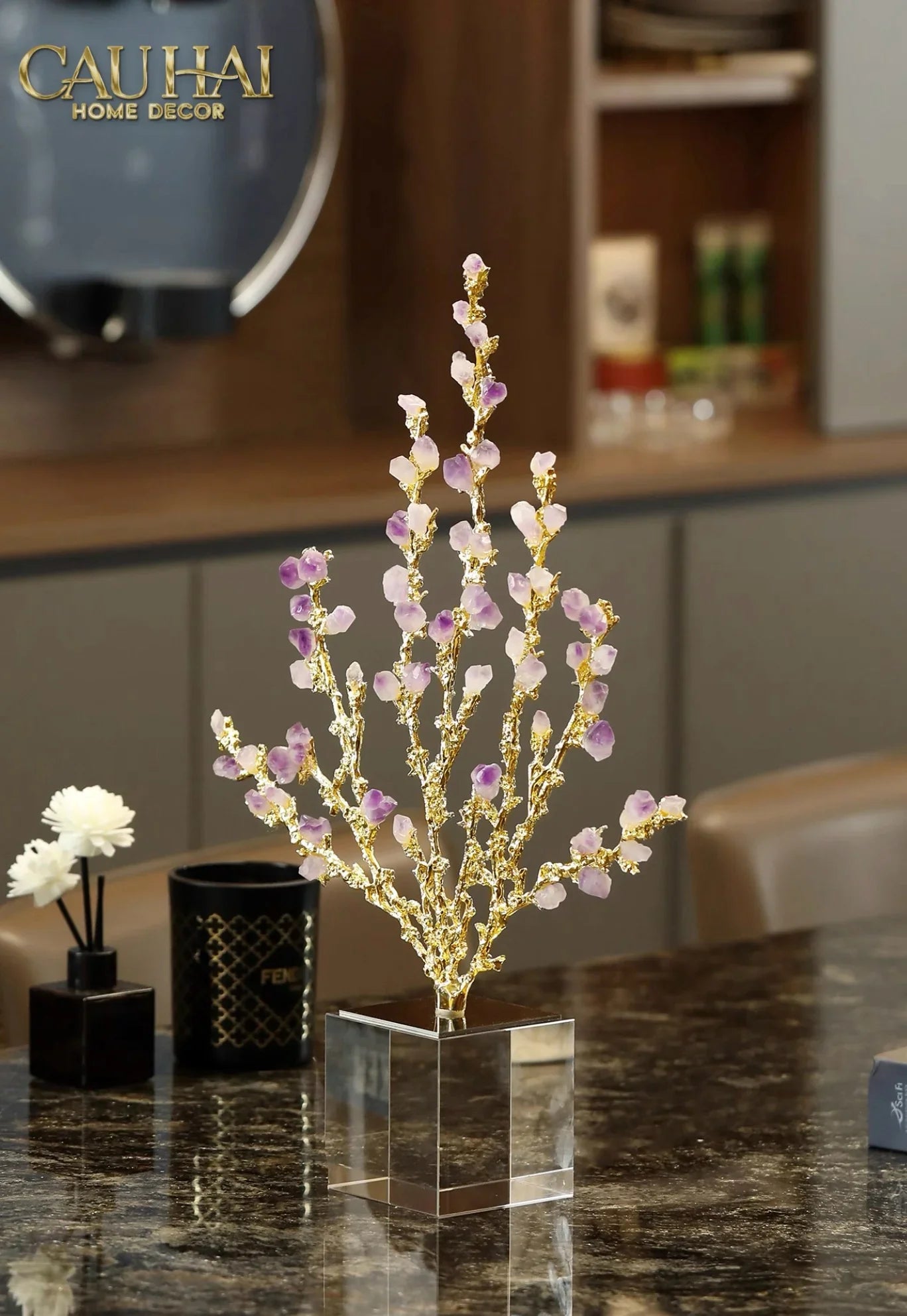 Maison Couture - Tượng San Hô Bằng Đồng Đá Thạch Anh Tím Amethyst Brasson Coral 32x42-TƯỢNG TRANG TRÍ-CẬU HAI HOME DECOR