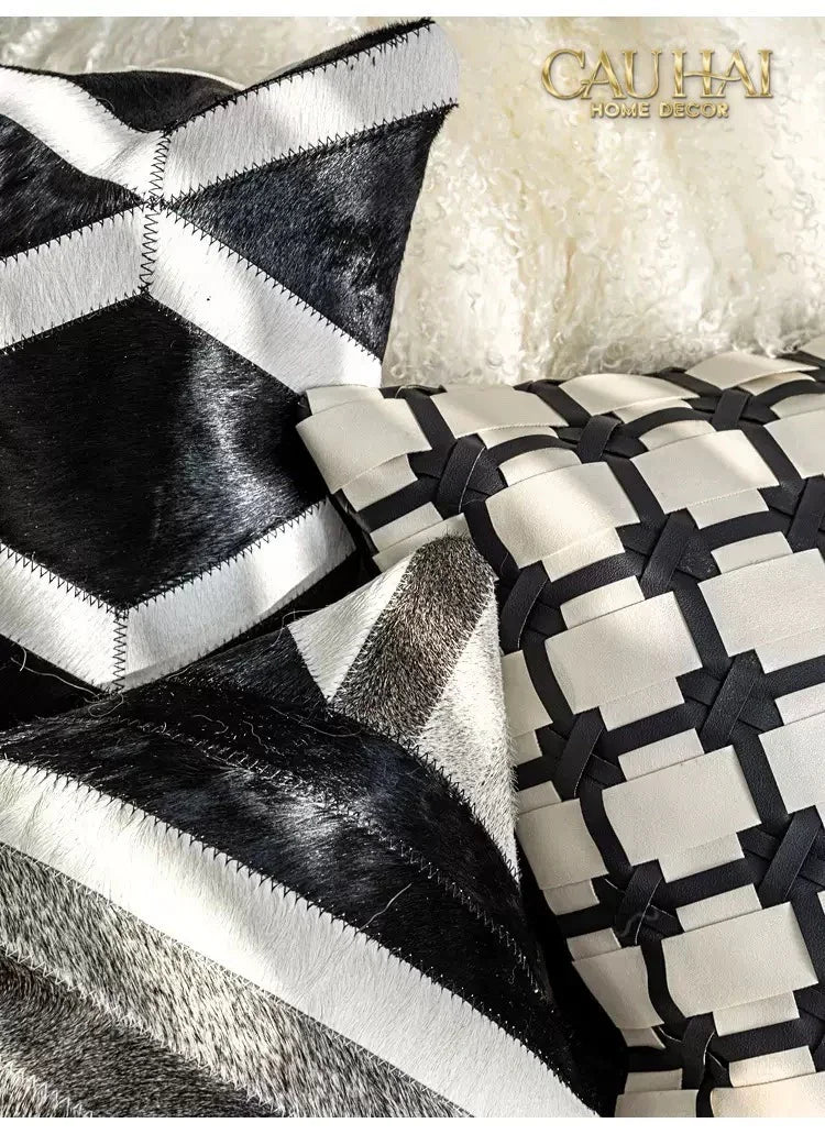 Maison Couture - Vỏ Gối Da Lux Leather Crossline Monochrome 45-CẬU HAI HOME DECOR