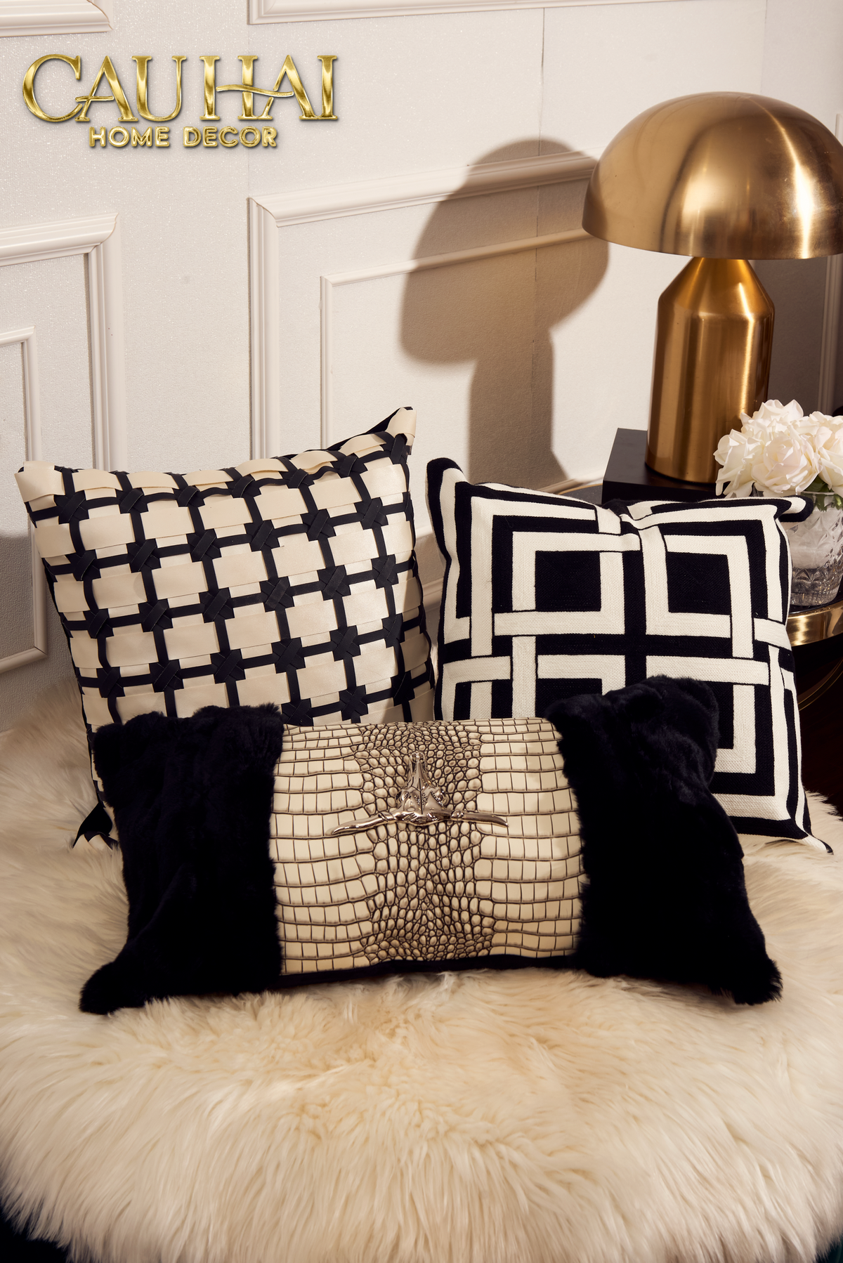 Maison Couture - Vỏ Gối Da Lux Leather Crossline Monochrome 45-VỎ GỐI-CẬU HAI HOME DECOR