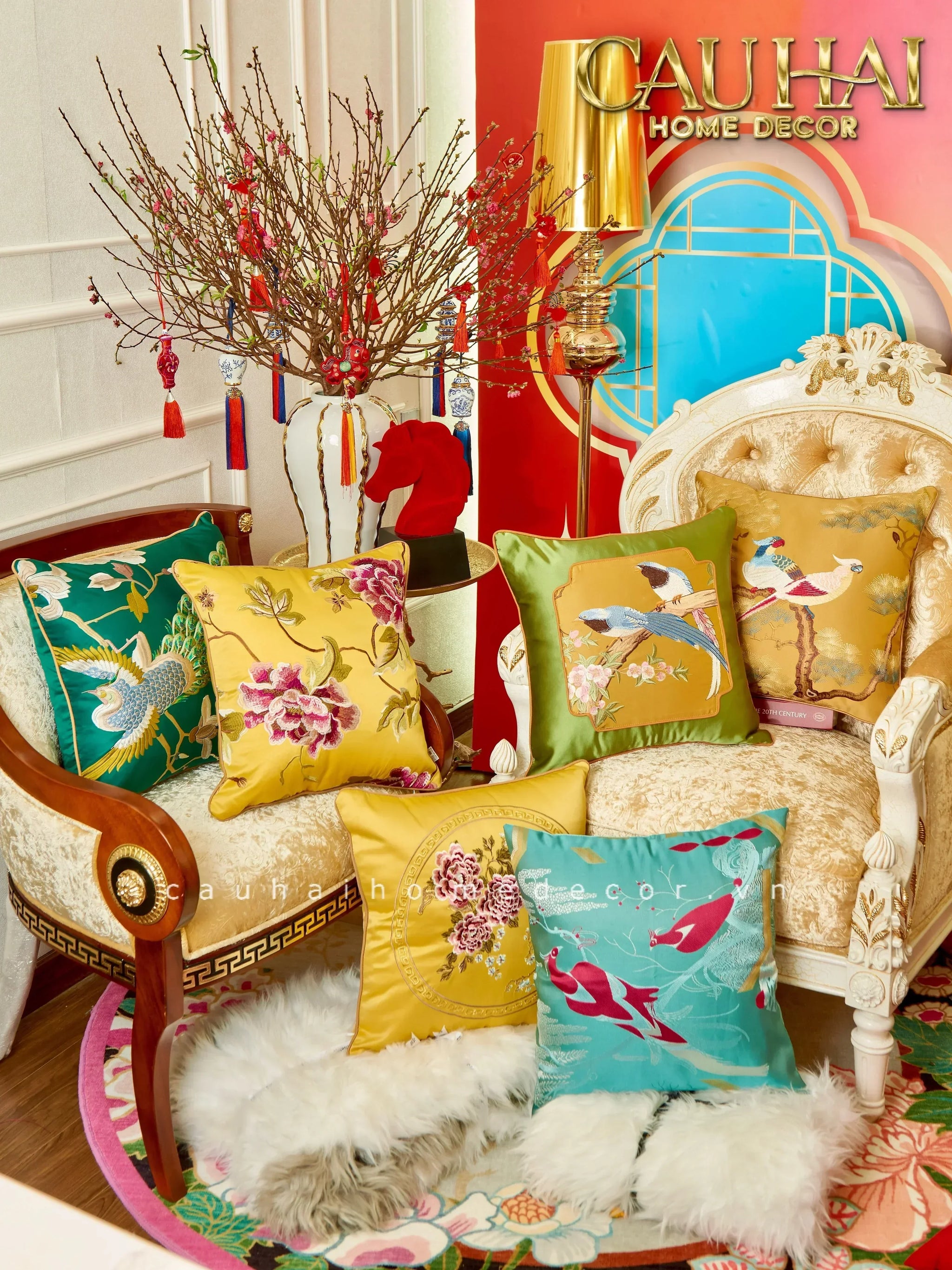 Maison Couture - Vỏ Gối Lụa Thêu Le Cardinal Solaire Turquoise Atélier Cushion 45-VỎ GỐI-CẬU HAI HOME DECOR