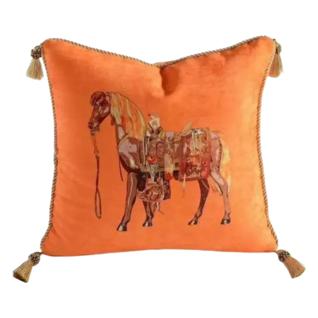 Maison Couture - Vỏ Gối Nhung Chenille Signature Orange Cheval Équestre 45 Corner Tassel - Cậu Hai Home Decor