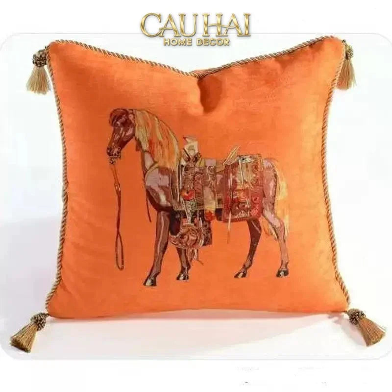 Maison Couture - Vỏ gối Nhung Chenille Cao Cấp Signature Orange Cheval Équestre 45 Corner Tassel-CẬU HAI HOME DECOR