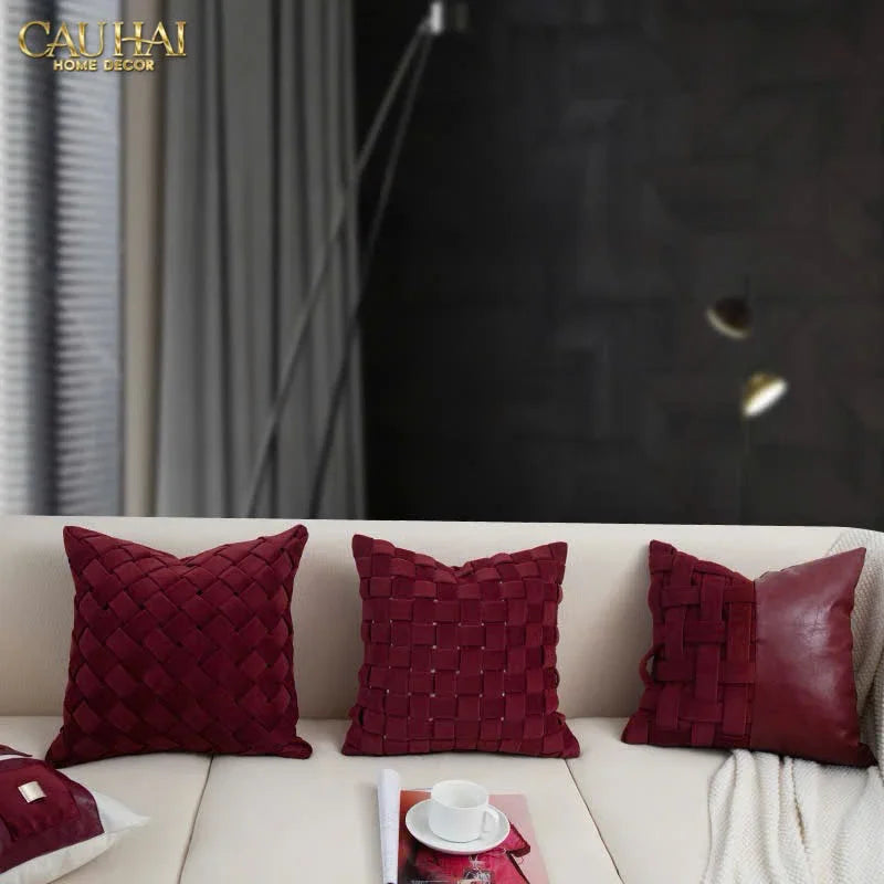 Maison Couture - Vỏ Gối Nhung Leather Bordeaux Woven 45-VỎ GỐI-Đối tác tại Trung Quốc theo từng đơn đặt hàng-CẬU HAI HOME DECOR