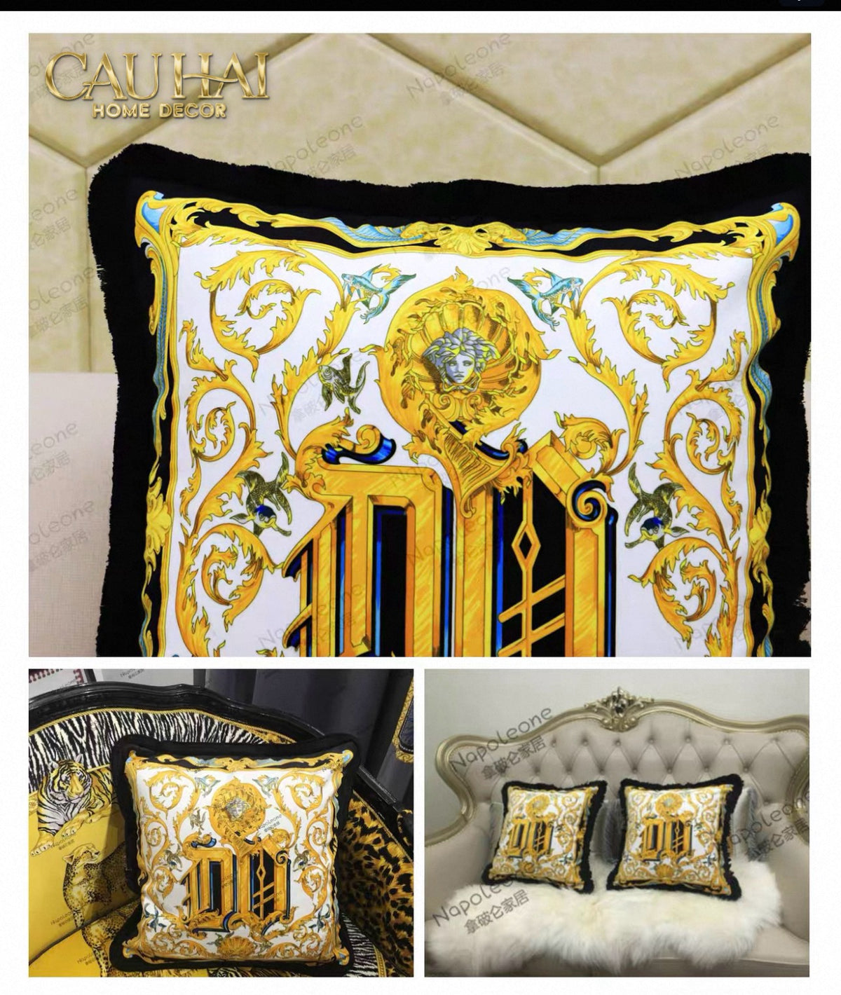 Maison Couture - Vỏ Gối V Class I ♡ Baroque Acanthus Medusa Monogram Cushion 45 Royal Blue-VỎ GỐI SOFA-CẬU HAI HOME DECOR-CẬU HAI HOME DECOR