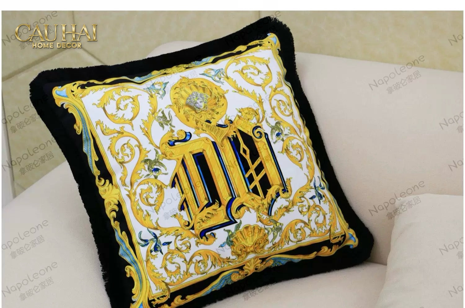 Maison Couture - Vỏ Gối V Class I ♡ Baroque Acanthus V Monogram Cushion 45 Medusa Gala White-CẬU HAI HOME DECOR