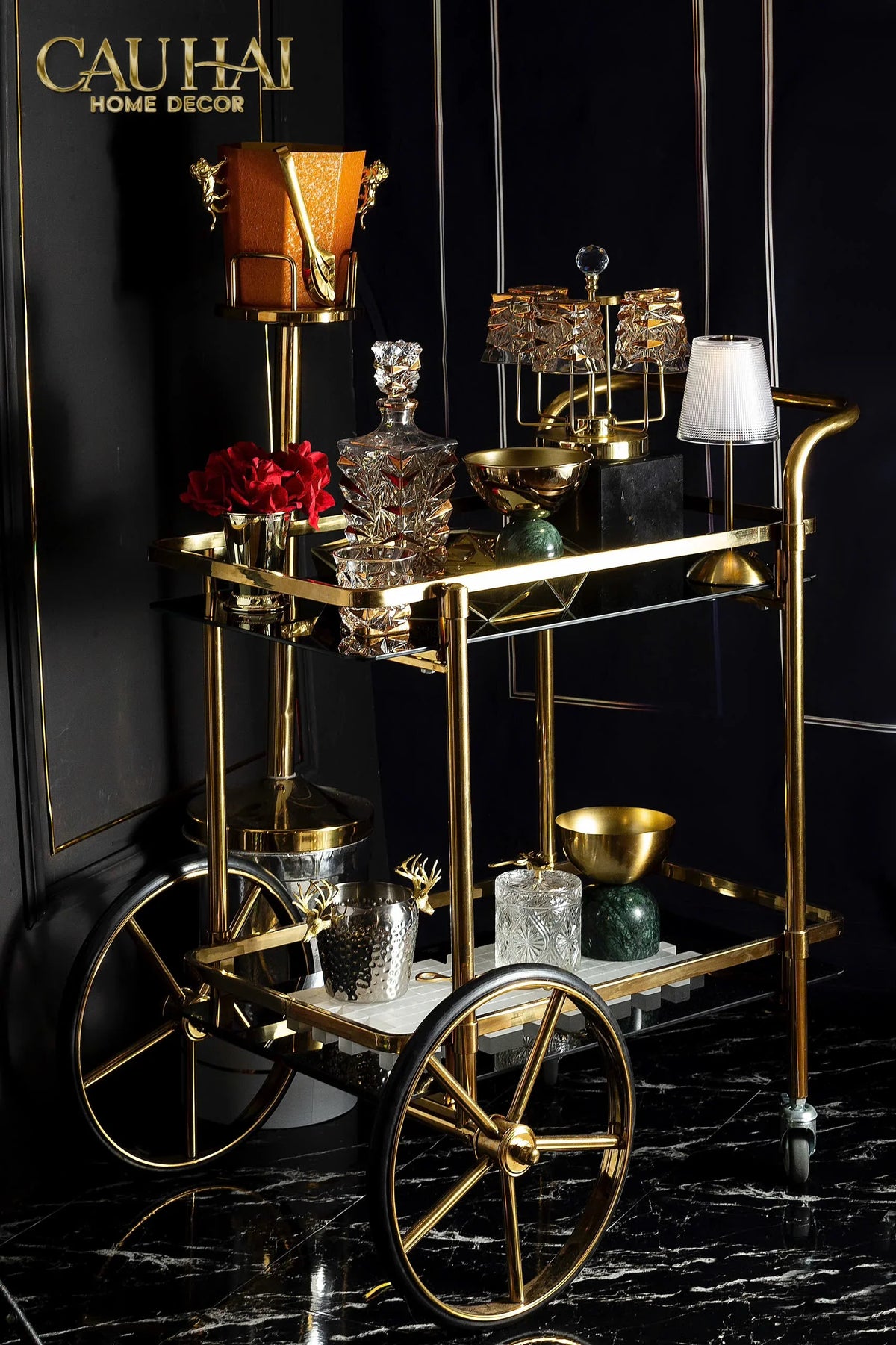 Maison Couture - Xe Đẩy Quầy Bar / Bar Cart Hemingway Trolley - Black Mirror 54x87x85-XE ĐẨY BAR-Đối tác tại Trung Quốc theo từng đơn đặt hàng-CẬU HAI HOME DECOR