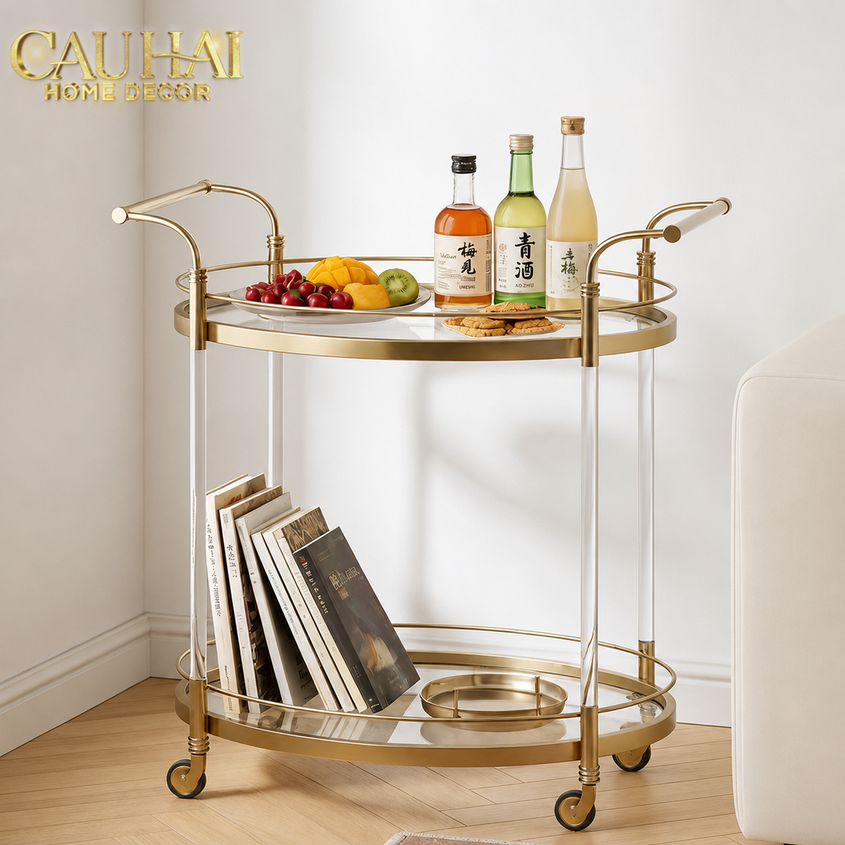 Maison Couture - Xe Đẩy Quầy Bar Cart Golden Lucid Acrylic Lumière Stemware-XE ĐẨY BAR-CẬU HAI HOME DECOR