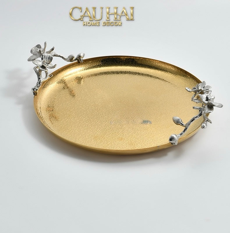 Maison Elysian Couture - Khay Tròn Đồng Platinum Cataleya Indira Brasson Decorative Trays 27x30x8-CẬU HAI HOME DECOR