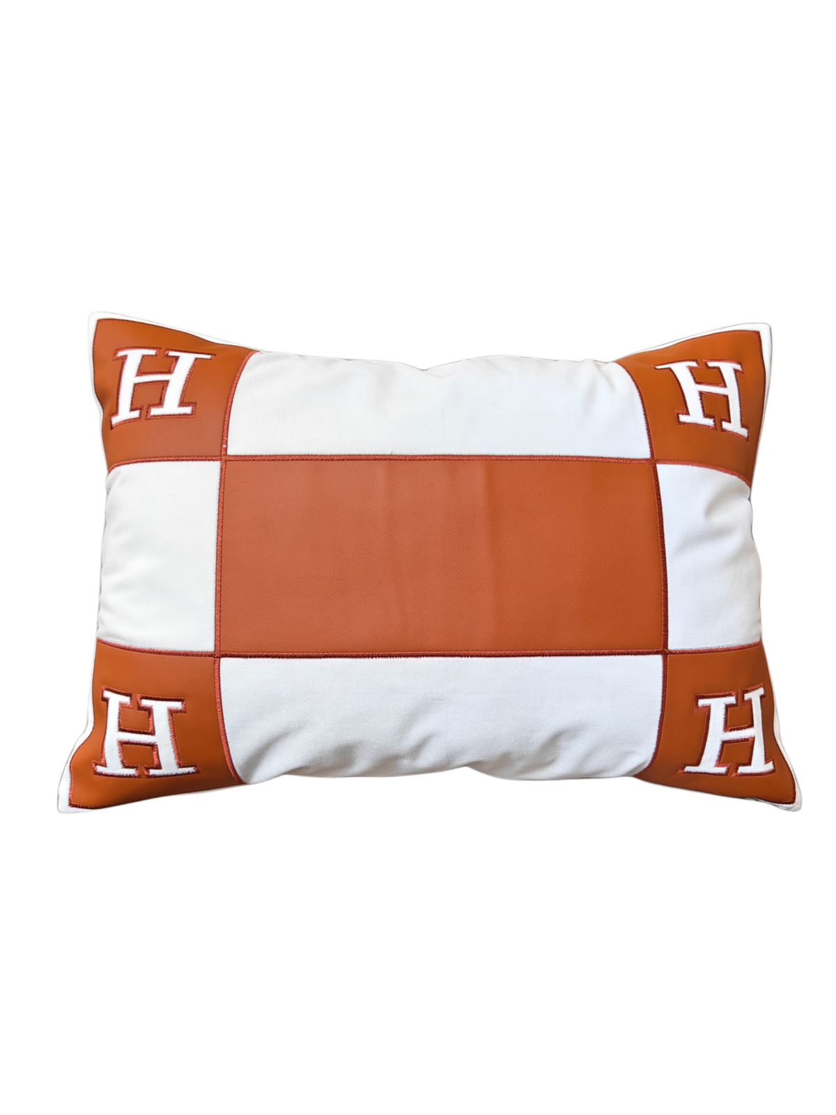 Gối Nhung Phối Da Color Block Cognac 30x50
