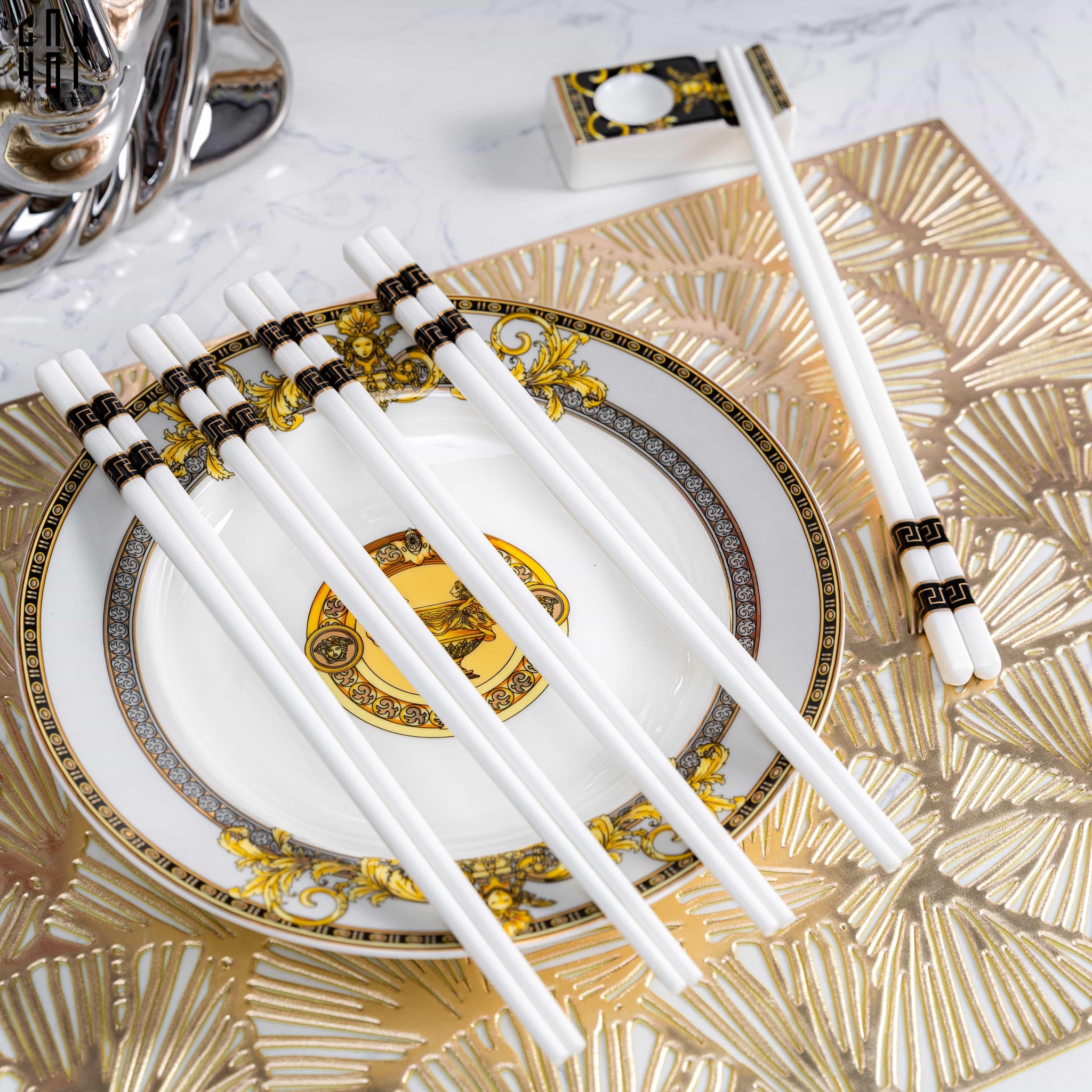Set 10 Đôi Đũa Sứ V Class Black Greek Key Atélier Porcelain Chopsticks-Dinner Cutlery Set Dao Muỗng Nĩa-CẬU HAI HOME DECOR
