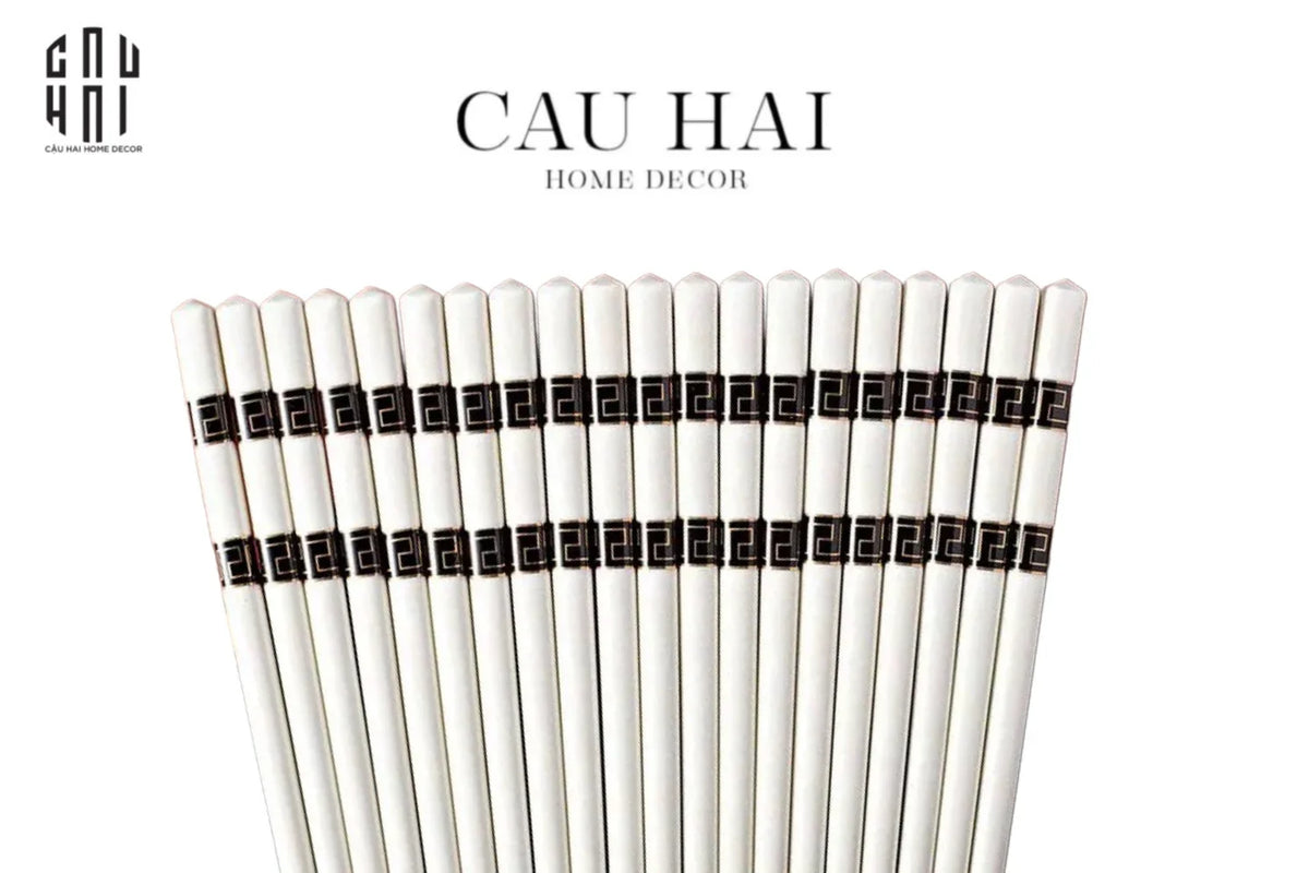 Set 10 Đôi Đũa Sứ V Class Black Greek Key Atélier Porcelain Chopsticks-Dinner Cutlery Set Dao Muỗng Nĩa-CẬU HAI HOME DECOR